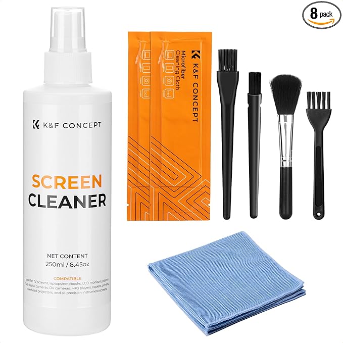 K&F CONCEPT 250ML Screen Cleaner Spray + Large Pearl Cloth + Microfiber Cloths*2 + 4 Brushes - Travel Size Electronic Cleaner for Car, Computer, Laptop, iPad, MacBook, Phone, Watch, Eyeglass