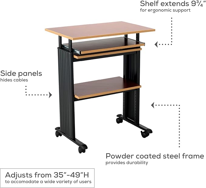 Safco 1929CY MUV Mobile Stand-Up Height-Adjustable Desk,Keyboard Storage, Steel Frame Construction, Durable Melamine Laminate Work Surface, 4 Wheels, Narrow Design