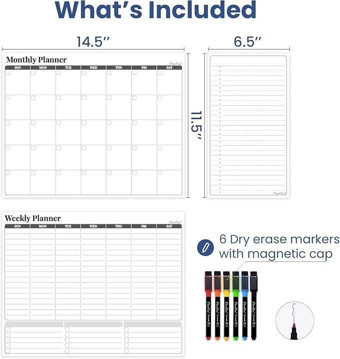 Non-Magnetic Dry Erase Calendar Set for Fridge - 14.5“x11.5 Reusable Monthly and Weekly Calendar - 6.5"x11.5" List Board Sticks to Most Smooth Surfaces - 6 Dry Erase Markers Included