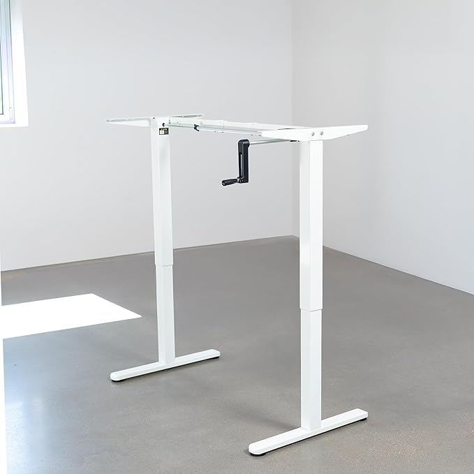 VIVO Compact Hand Crank Stand Up Desk Frame for 37 to 77 inch Table Tops, Ergonomic Standing Height Adjustable Base with Foldable Handle, White, DESK-M051MW