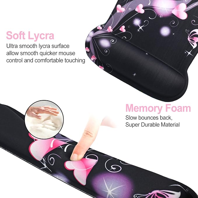 ToLuLu Keyboard Wrist Rest Pad Ergonomic Mouse Pad Set, Cute Mouse Pad for Computer Laptop, Non Slip Mousepad Keyboard Wrist Support with Raised Memory Foam for Easy Typing Pain Relief, Pink Hearts