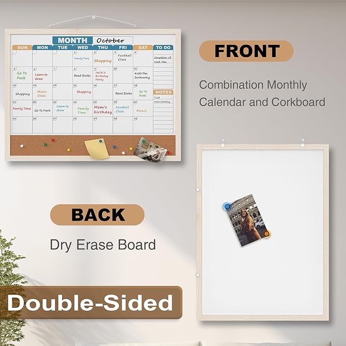 Monthly Calendar Dry Erase Board 24x18 Inch, Double-Sided Whiteboard and Corkboard Combo with White MDF Frame (Color Calendar), Wall Mounted Planner with Marker, Magnet, Push Pin, Eraser