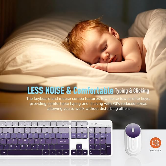 Wireless Keyboard and Mouse Combo - 2.4G Wireless, Rechargeable, Low-Noise, Cute Colorful, Full-Sized, 3 DPI Adjustable Mouse, for Computer, Laptop, PC, Desktop (Gradient Purple)