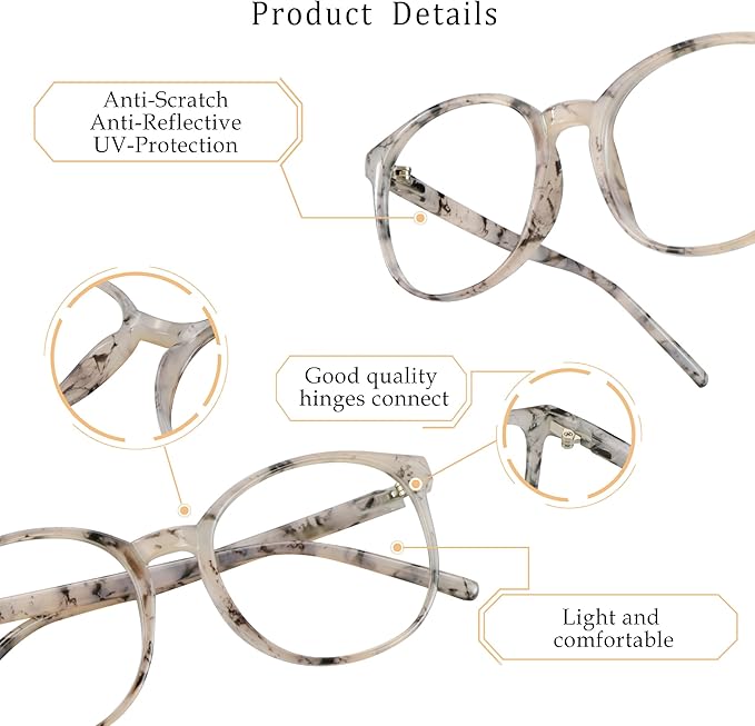 LifeArt Round Blue Light Blocking Glasses, Computer Glasses, Gaming Glasses, TV Glasses for Women Men (Marble, 0.75 Magnification)