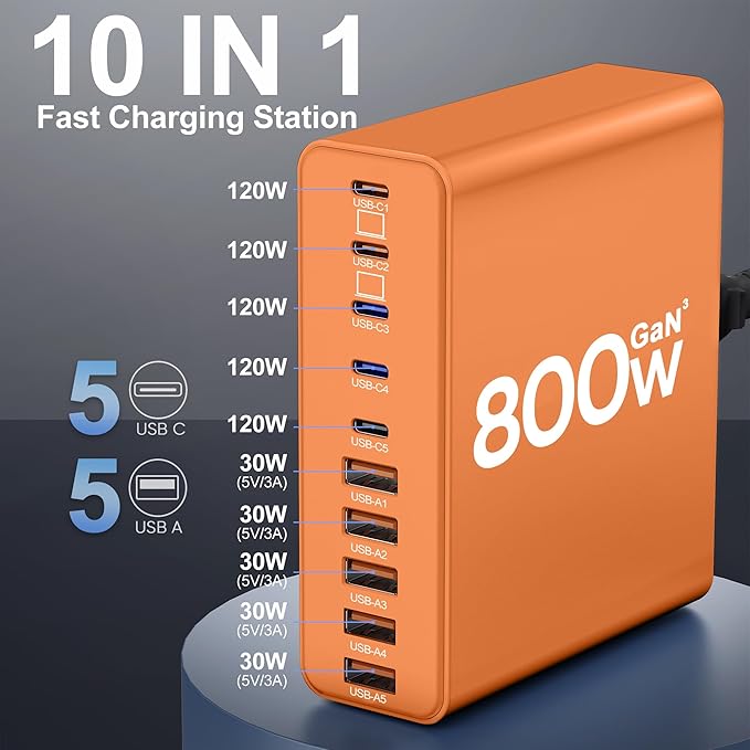 800W USB C Charger Block,10-Port Charging Station GaN Fast Charging Type C & USB A Wall Charger Adapter for MacBook Pro/Air,iPhone,iPad,Dell XPS,Samsung Galaxy(Orange)