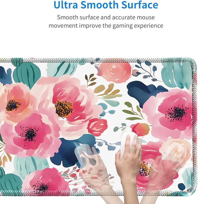Pink Floral Mouse Pad 31.5x11.8 Inch, Women Girls Flowers Lager Desk mat with Non-Slip Base, Micro-Woven Fabric Stitched Edges for Office Computer Gaming