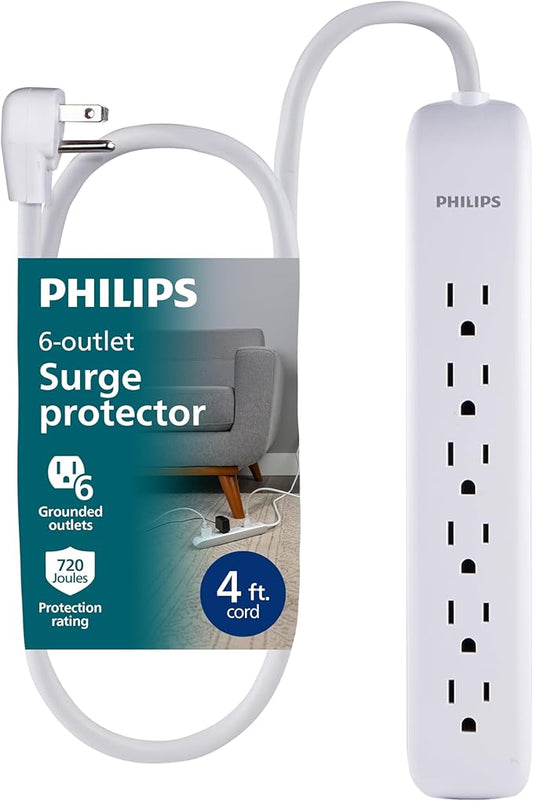 Philips 6 Outlet Power Strip Surge Protector, 4ft Power Cord, Flat Plug, Wall Mount, 720 Joules, ETL Listed, Circuit Breaker, Automatic Shutdown, White, SPP3064WE/37