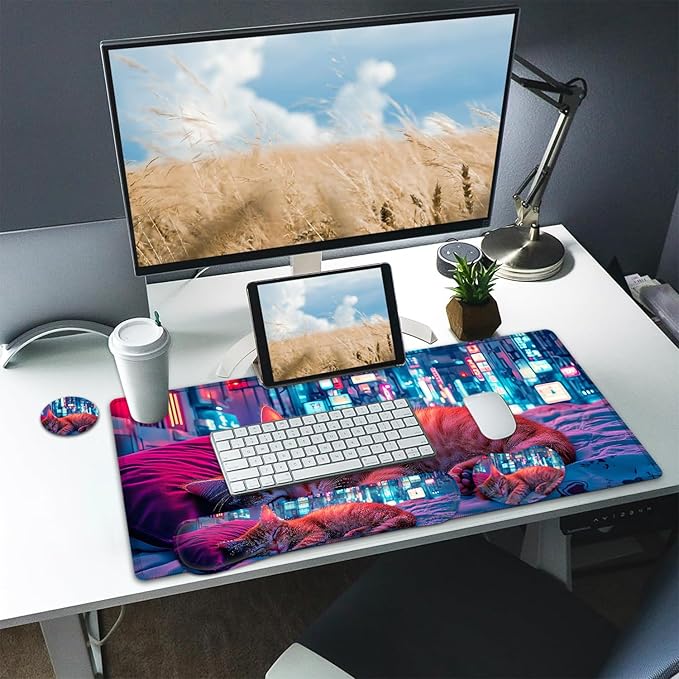 Large Mouse pad and Keyboard Support Set, Ergonomic Memory Foam Keyboard Wrist Rest, Extended Gaming Mouse Pad with Stitched Edges, Sleeping Cat XXL Desk Mat (31.5 X 11.8 in)