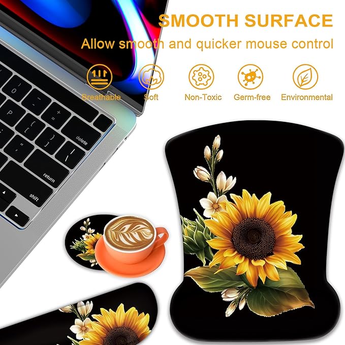 Ergonomic Mouse Pad, Mouse Wrist Rest Pad + Keyboard Wrist Rest Pad + Coaster, Made of Memory Foam, Easy to Use and Relieve Wrist Pain, Computer, Games, Office, Home - Magnolia Flower Sunflowe
