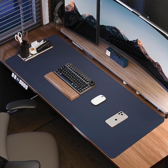 Desk Pad PU Leather Large Mouse Pad Laptop Computer Desk Mat Table Blotter Desktop Waterproof Non-Slip Protector for Office and Home (Dark Blue, 120x43cm)