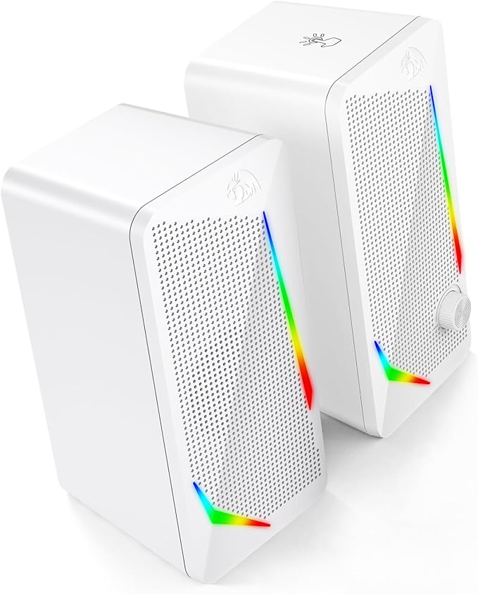 Redragon GS510 RGB Desktop Speakers, 2.0 Channel PC Computer Speaker with 4 Colorful LED Backlight Modes, Enhanced Bass and Easy-Access Volume Control, USB Powered w/ 3.5mm Cable, White