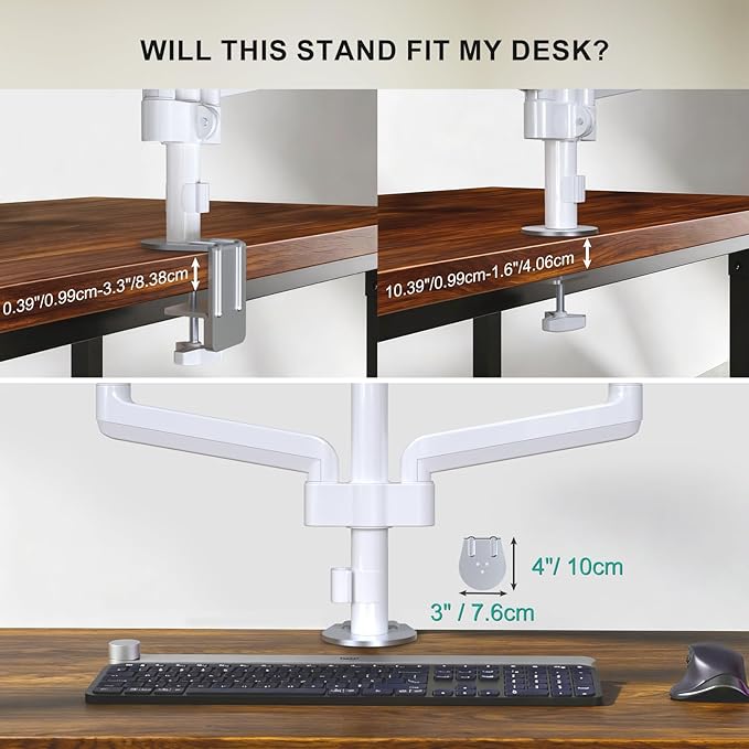 WALI Triple Monitor Mount for 13-32 inch Screens, Adjustable 3 Monitor Desk Mount with Swivel, Tilt, Clamp & Grommet Kit, Gas Spring Arm Triple Monitor Stand, VESA 75x75/100x100mm (GSDM003W), White