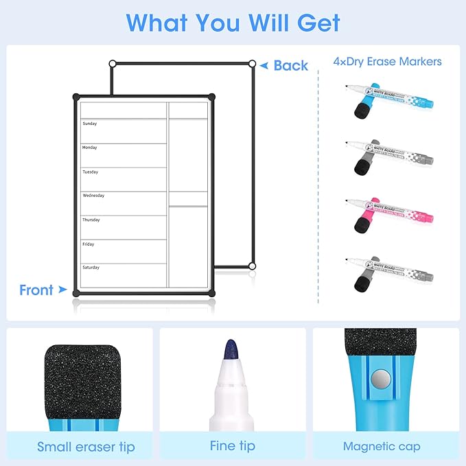 Weekly Calendar for Fridge,12×8” Magnetic Fridge Calendar Refrigerator Calendar, Weekly Meal Planner Magnetic, Menu Board, Double-Sided, Grocery List, Menu Planner for Refrigerator/Locker, 4 Markers