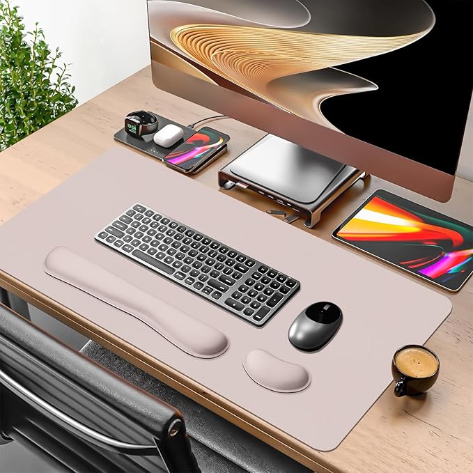 Mouse Pad and Keyboard Wrist Rest, Large Keyboard and Mouse Pad Set, Ergonomic Mousepad with Wrist Rest, Non-Slip Desk Mat Protector for Office, Home (31.5×15.7 Inches, Cream Pink)