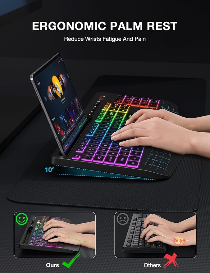 Wireless Keyboard with 8 Colored, 9 Effects Backlits, Wrist Rest, Phone Holder, Rechargeable Ergonomic Computer Keyboard with Silent Keys, 2.4G Lag-Free Cordless Set for PC, Laptop, Windows, MacBook