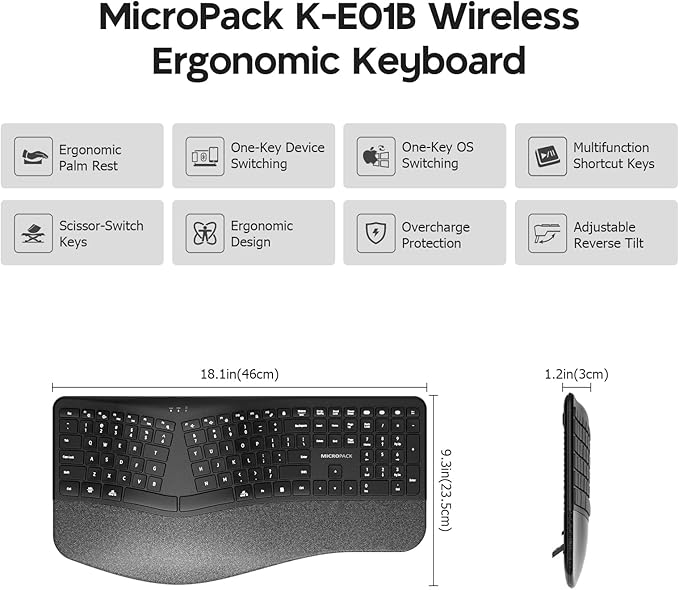 Micropack Wireless Ergonomic Split Keyboard with Cushioned Wrist Rest, Bluetooth & 2.4G Multi-Device Keyboard, USB-C Rechargeable, Quiet Scissor Switch for Mac, Windows & Office