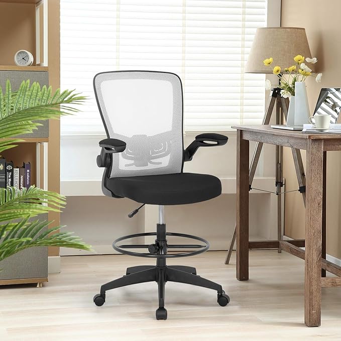 BestOffice Drafting Chair Tall Office Chair Adjustable Height with Lumbar Support Arms Footrest Mid Back Standing Desk Chair with Swivel Rolling Mesh Stool White