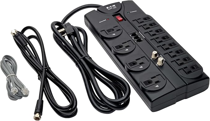 Eaton Tripp Lite TLP1208TELTV Home Theater Surge Protector Power Strip, 12 Outlets, Flat Plug 8ft Extension Cord, 2160 Joules| Coax and RJ11 Ports for Phone Land Line, TV, and WiFi Router Protection