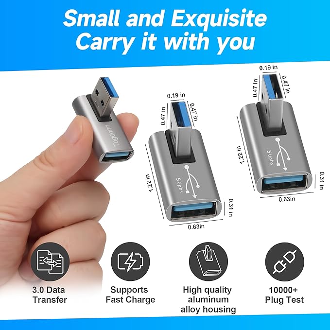 90 Degree USB 3.0 Adapter 4 Pack, Up and Down & Left and Right Right Angle USB A Male to Female Connector Converter USB L Shape Extender, Support Charge & Data Sync for PC, Laptop, Mouse, Keyboard