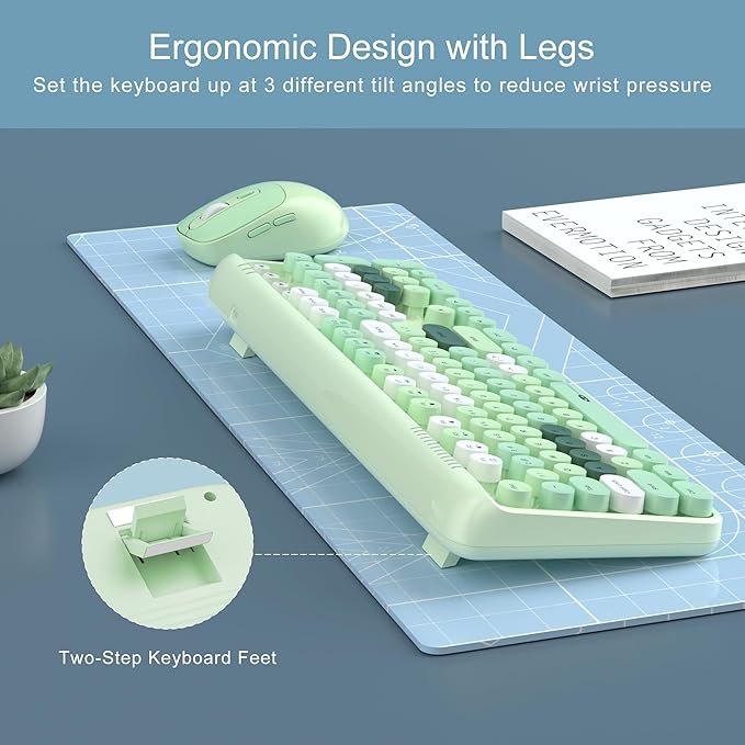 MageGee V920 Wireless Keyboard and Mouse Combo, 2.4G Full-Sized Retro Typewriter Keyboard with Round Keycaps & Auto-Sleep Mode, Cute Computer Keyboard and Cordless Optical Mouse for Laptop/PC (Green)