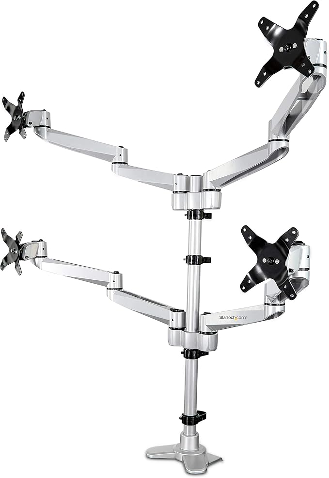 StarTech.com Desk Mount Quad Monitor Arm, Premium Articulating VESA 4X Monitor Mount 2x2 up to 30" (24.8lb/11.3kg), Height Adjustable Pole, Tilt Swivel Rotate, Clamp or Grommet Base, TAA