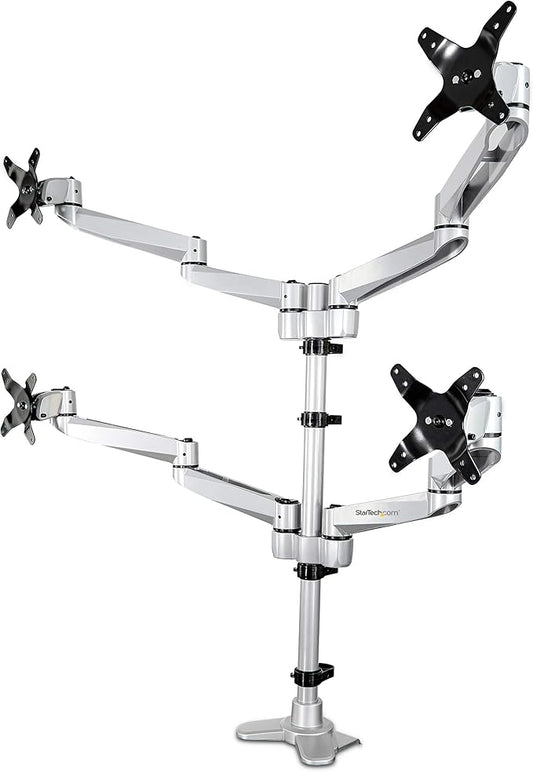 StarTech.com Desk Mount Quad Monitor Arm, Premium Articulating VESA 4X Monitor Mount 2x2 up to 30" (24.8lb/11.3kg), Height Adjustable Pole, Tilt Swivel Rotate, Clamp or Grommet Base, TAA