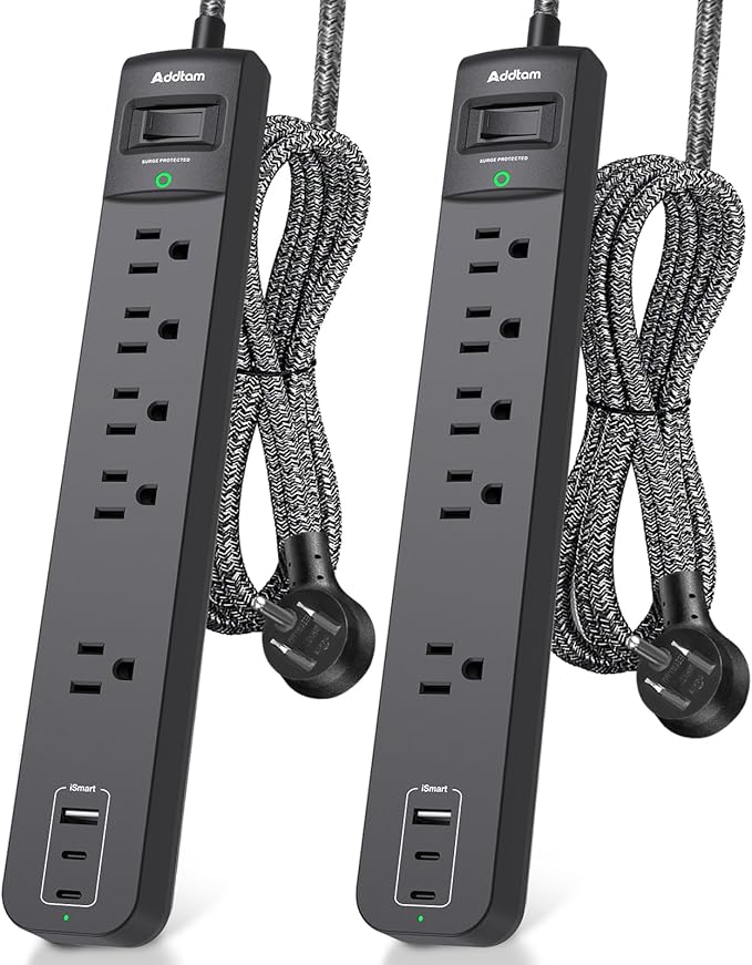 2 Pack Long Surge Protector Power Strip - 25ft Extension Cord with 5 Widely 3 USB (2 USB-C) Ports, Flat Plug, Desktop Charging Station for Home Office College Dorm Room Essentials