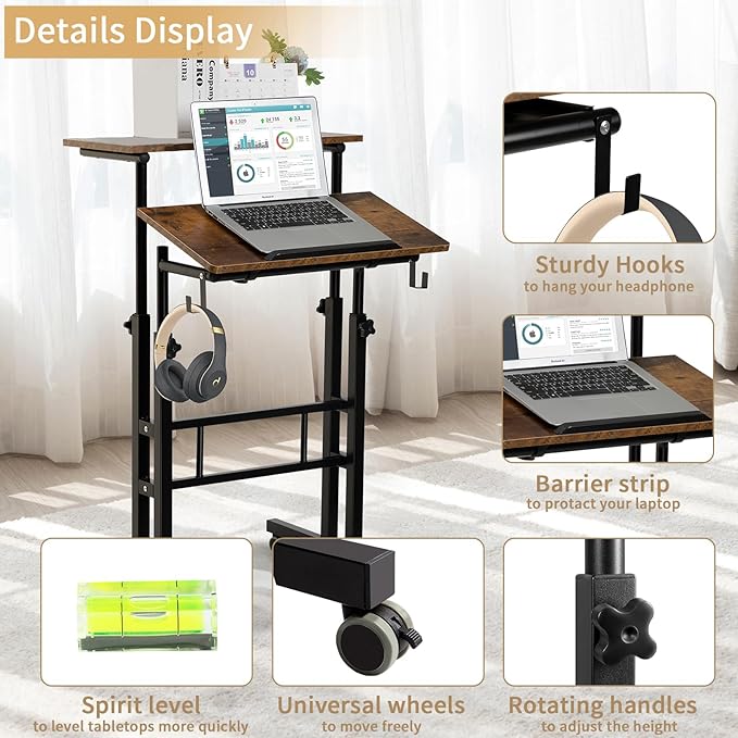 SIDUCAL Mobile Standing Desk, Portable Stand Up Desk, Small Adjustable Converter with Wheels Home Office Workstation, Rolling Laptop Cart for Sitting, Rustic Brown
