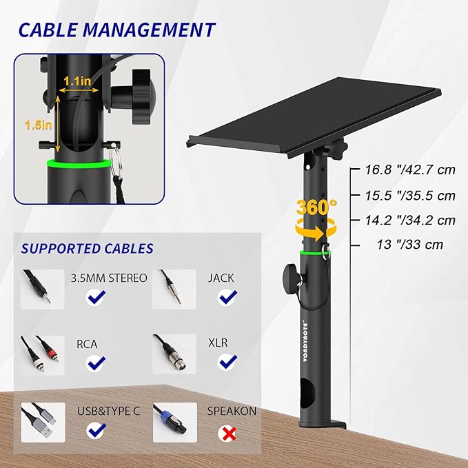 Pair of Studio Monitor Stands Desk Clamp Speaker Stands 0-12°Tilt Height Adjustable with Cable Management