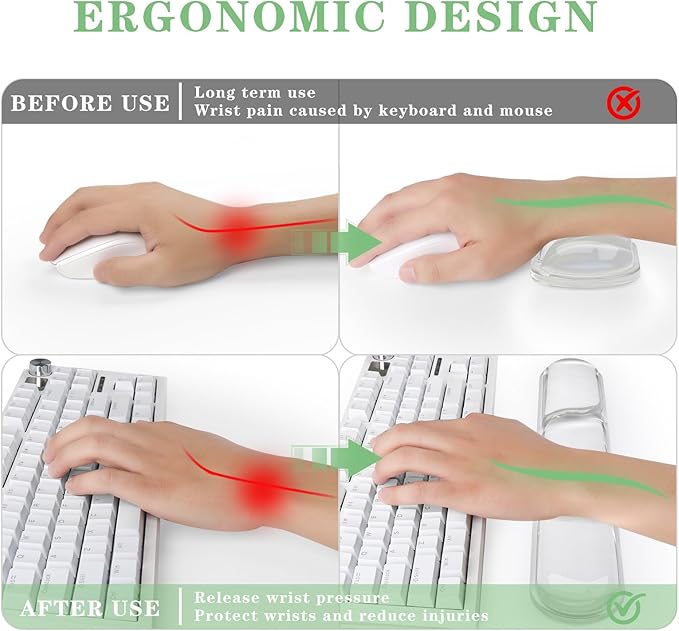 Keyboard and Mouse Wrist Rest, Silicone Gel Ergonomic Mouse Pad with Wrist Rest Set, Gaming Mousepad Arm Cushion Support for Computer Office Desk Accessories (Clear Gel White Set - 2)