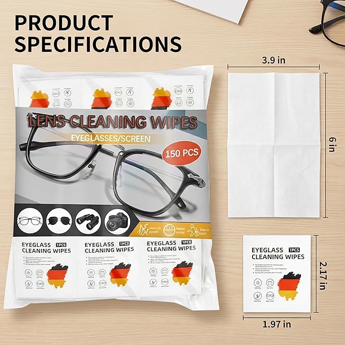 150 Count Eyeglasses Cleaner Wipes - Lens Cleaning Wipes Glasses Cleaner Cloth Individually Wrapped Large Wipes for Eyeglass, Glasses, Lens, Screen Cleaning, Phone, Computer, Camera Use, Travel