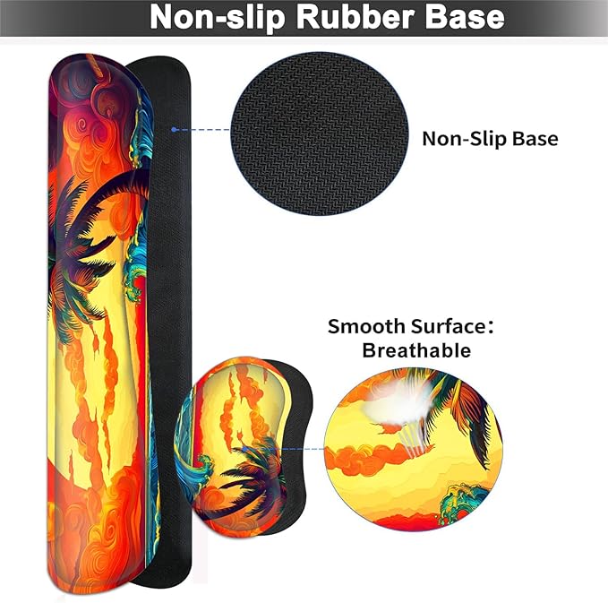 Large Mouse pad and Keyboard Support Set, Ergonomic Memory Foam Keyboard Wrist Rest, Extended Gaming Mouse Pad with Stitched Edges, Psychedelic Shoreline XXL Desk Mat (31.5 X 11.8 in)