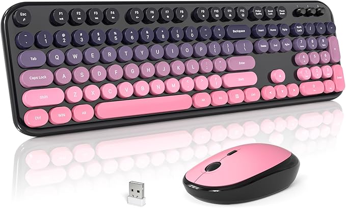 MOFII Wireless Keyboard and Mouse Combo, Cute Keyboard Full Size and Wireless Mouse, 2.4GHz Retro Typewriter Keyboard Mouse Set for PC/Desktop/Laptop/Windows (Berry Pink)