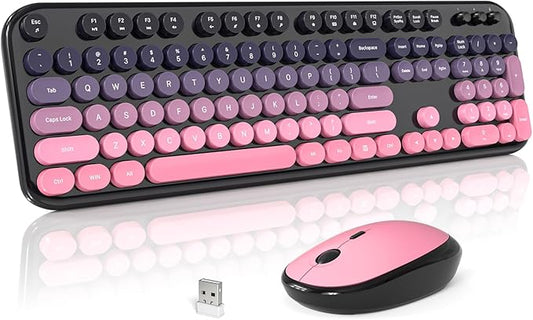MOFII Wireless Keyboard and Mouse Combo, Cute Keyboard Full Size and Wireless Mouse, 2.4GHz Retro Typewriter Keyboard Mouse Set for PC/Desktop/Laptop/Windows (Berry Pink)