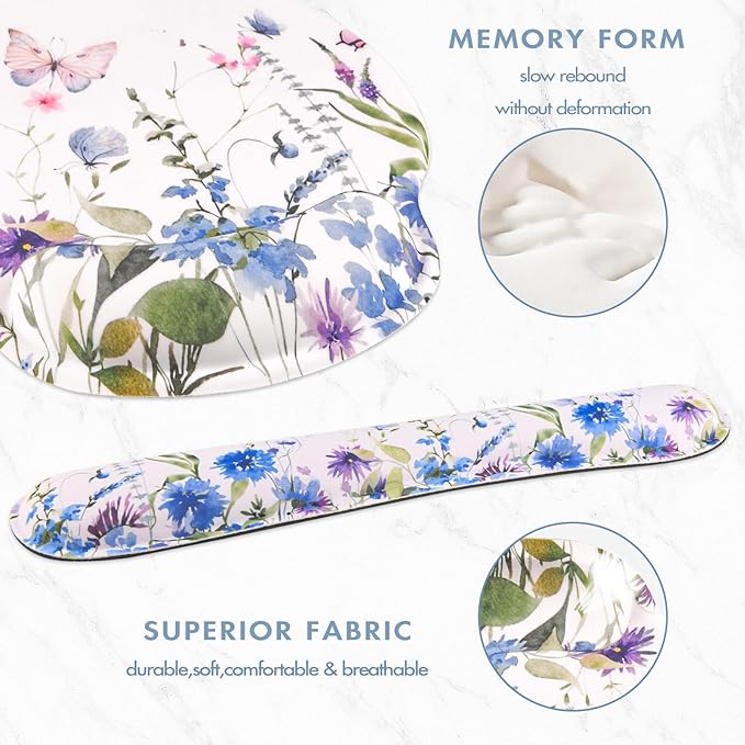 Keyboard Wrist Rest, Ergonomic Mouse Pad Wrist Support, Memory Foam Wrist Rest, Anti-Slip Base,Weeds Mousepad with Coaster for Computer Keyboard Office Home, Beautiful Floral White