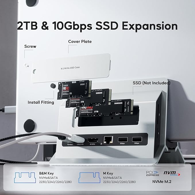 Vertical MacBook Docking Station, PULWTOP Docking Station for Mac mini with M.2 NVMe case for MacBook Pro/Air, 4K@60Hz HDMI, 2USB C 10Gbps, SD/TF, 100W PD, RJ45, 2 USB A for Windows Sliver