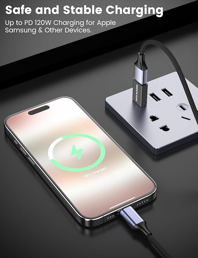 5Pack USB Data Blocker Adapter,USB C Data Blocker for iPhone 15 16 17 and for Android Phone or for ipad, C male to A female data blocker adapter Only for Charge, Protect Against Juice Jacking (Black)