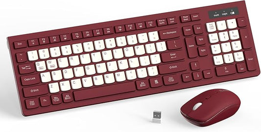 Wireless Keyboard and Mouse Combo, Full-Sized Wireless Keyboard and Adjustable DPI Mouse, 2.4GHz USB Receiver, Keyboard and Mouse for PC, Windows, Desktop, Laptop (Wine Red-B)