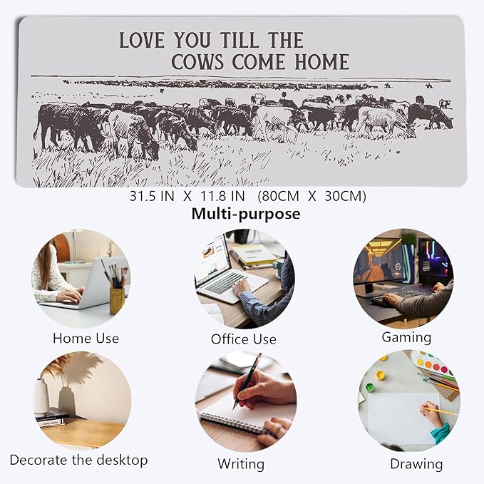 Grey Western Cowboy Art Mouse Pad,Retro Western Cows Desk Mat Laptop,XL Large Cowboy Preppy Mouse Pad,Vintage Mid Century Modern Masculine Desk Mat for Western Home Office Dorm,31.5 X 11.8 in
