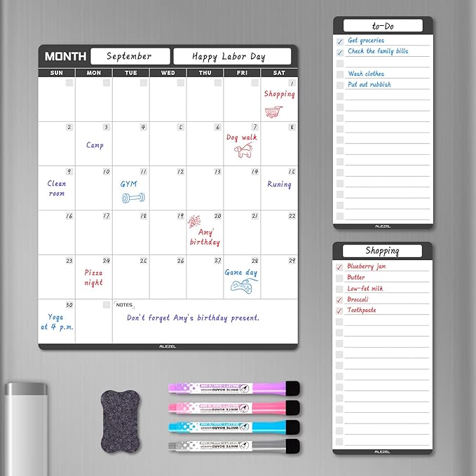 Dry Erase Calendar for Fridge Magnetic, Refrigerator Calendar Whiteboard Set - Vertical Dry Erase Refrigerator Calendar Planner with 2 List Boards, 4 Markers + Eraser