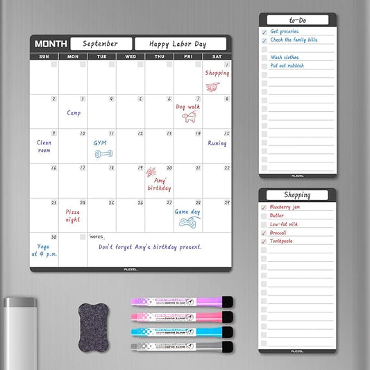 Dry Erase Calendar for Fridge Magnetic, Refrigerator Calendar Whiteboard Set - Vertical Dry Erase Refrigerator Calendar Planner with 2 List Boards, 4 Markers + Eraser
