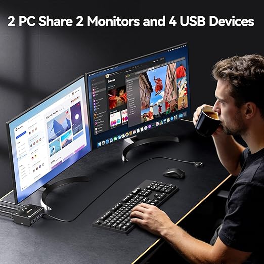 Displayport KVM Switch 2 Monitors 2 Computers 8K@30Hz 4K@144Hz, USB3.0 Dual Monitor KVM Switch for 2 Computers Share 2 Monitors and 4 USB Peripherals,with Wired Remote and 2 USB Cable ﻿