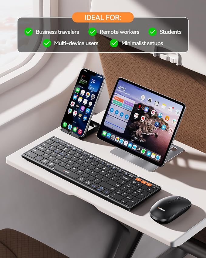 CHESONA Foldable Keyboard and Mouse Combo - Ultra Slim 600g with 2.4G+Dual Bluetooth Compact Wireless Folding Keyboard with Stand - Portable for Business/Travel with Case - Win/Mac/iOS/Android - Black