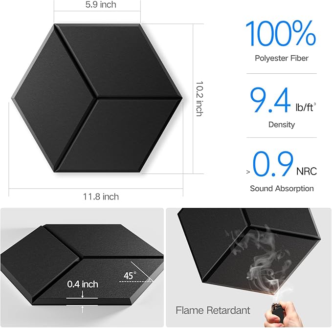 18 Pack Self-Adhesive Acoustic Panels 12" X 10" X 0.4" - Sound Proof Foam Panels for Walls with High Density, Y-Lined Design, Flame Resistant, Absorb Noise and Eliminate Echoes(Black)