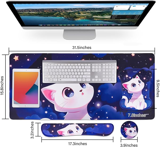 MEGREZ 4-in-1 Ergonomic Memory Foam Wrist Rest Set, Desk Pad, Mouse Pad with Wrist Rest, Keyboard Pad, Suitable for Office Workers, Programmers & Gamers–Relieve Typing & Gaming Fatigue, Blue Purple