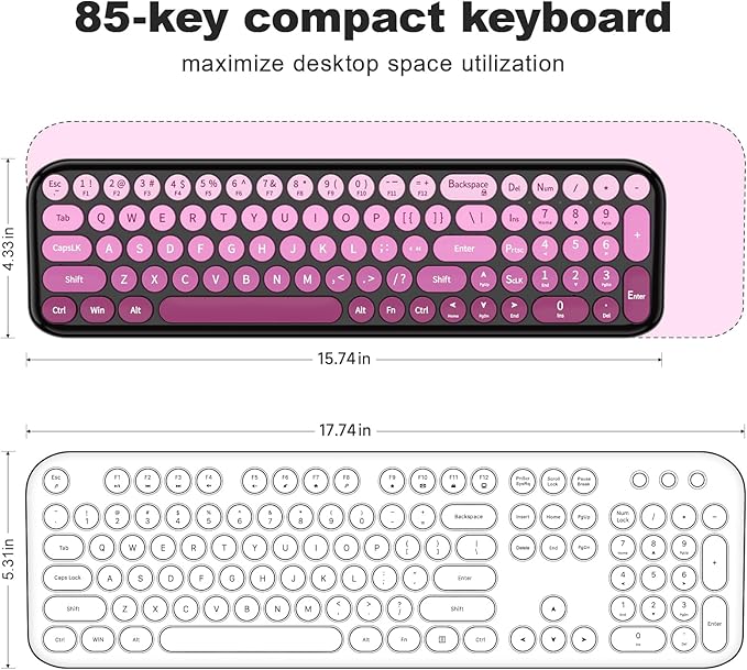 MOFII Wireless Keyboard and Mouse Combo, Compact Typewriter Retro Round Computer Keyboard and Mouse Set, Plug and Play, for Windows, Computer, Desktop, PC, Notebook - (Black Pink Gradient)