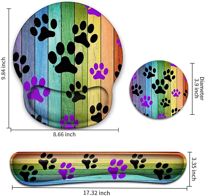 Keyboard Wrist Rest and Mouse Pad with Wrist Support, Ergonomic Gel Mouse Pad Coaster,Easy Typing Pain Relief, Memory Foam Keyboard Mousepad Set,Rainbow Woodgrain Black and Purple Dog Paw