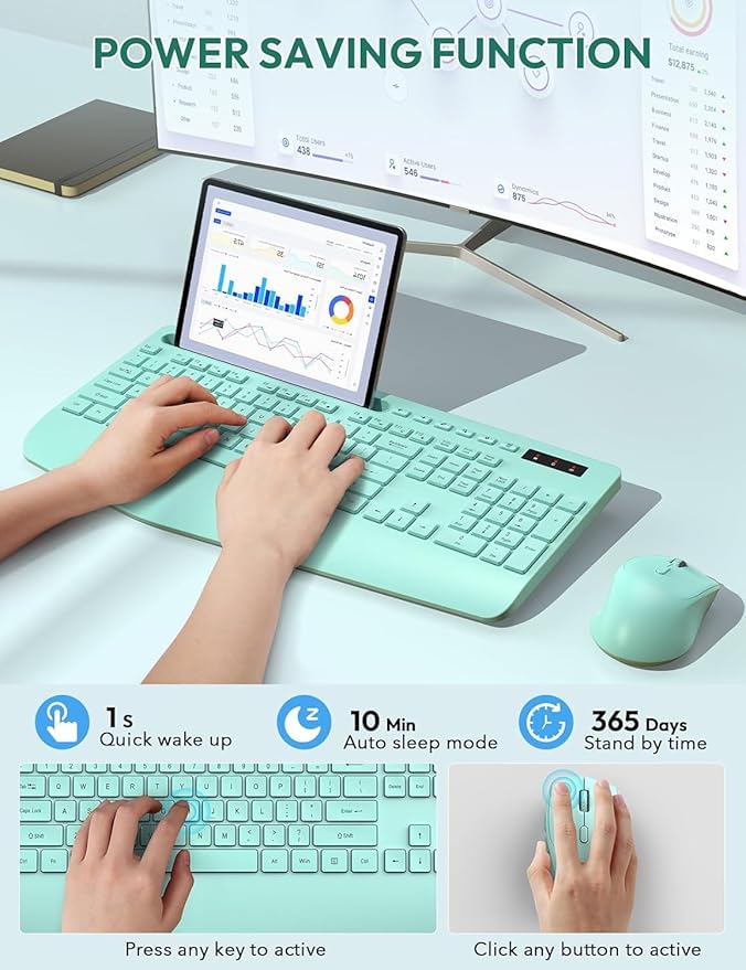 SABLUTE Wireless Keyboard and Mouse, Wrist Rest, Phone Holder, Batteries Included, 2.4G Lag-Free Ergonomic Keyboards Mouse Combo, KM23D Silent Keyboards Set for PC, Laptop, PC, Windows, Mint Green