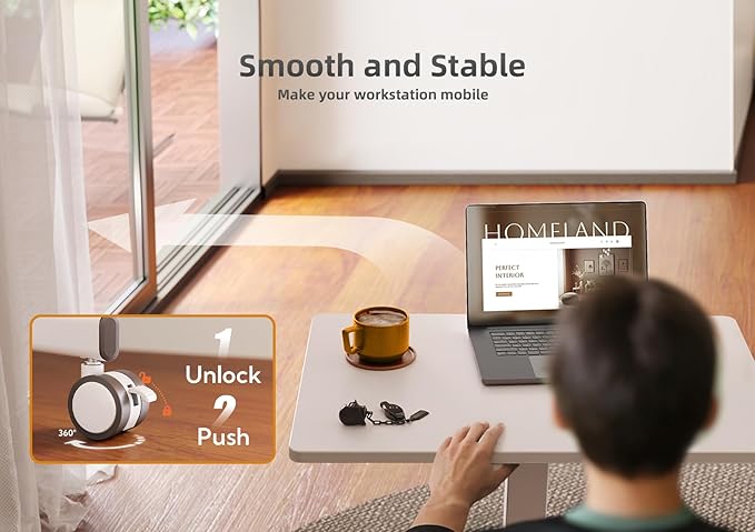 Claiks Mobile Standing Desk, Small Rolling Workstation with Wheels, Pneumatic Laptop Desk for Home Office with Hook, White