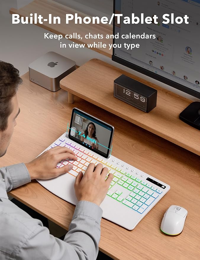 Trueque Wireless Keyboard and Mouse Combo, 4000mAh Rechargeable Backlit Keyboard with Wrist Rest & Phone Holder, Full Size Quiet Typing 2.4G USB-A/Type-C for PC Laptop Windows Mac (White)